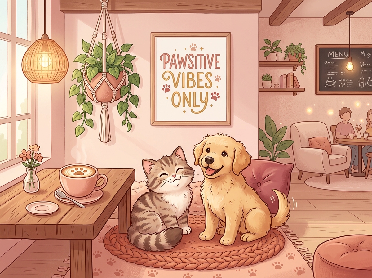 Whisker's Cafe Cute Cat and Puppy drinking coffee with latte art