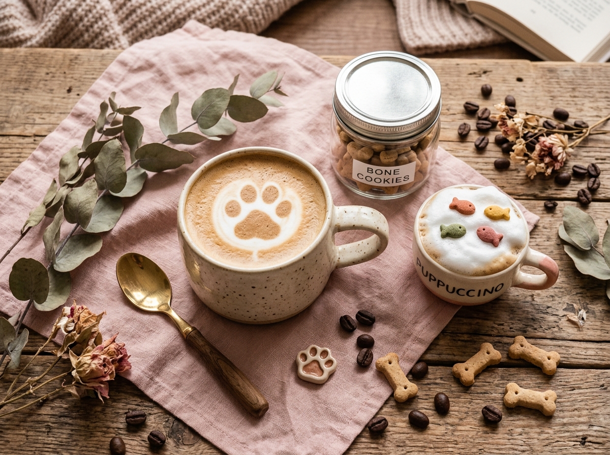 Cozy cafe coffee and pet bone cookies